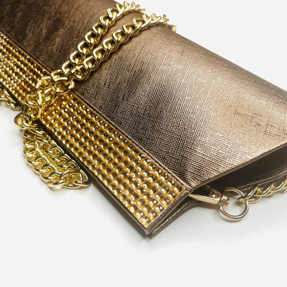 Vintage Bronze Gold Rhinestone Clutch w Chain Strap Evening Bag - Picture 6 of 8